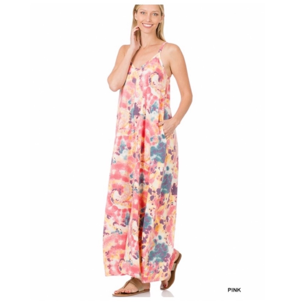 Zenana Soft French Terry Tie Dye Cami Maxi Dress